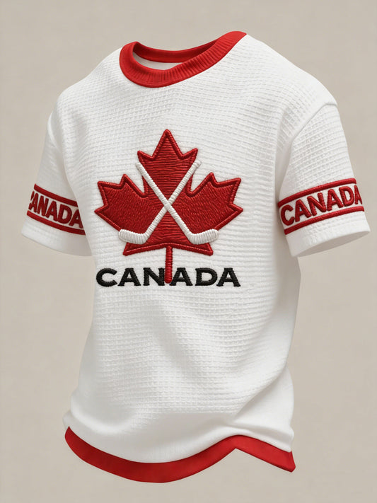 Retro Canadian Hockey Maple Leaf Casual Waffle-Weave T-Shirt
