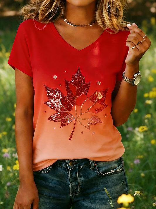 Women's Canadian Maple Leaf Sequined Casual V-Neck T-Shirt