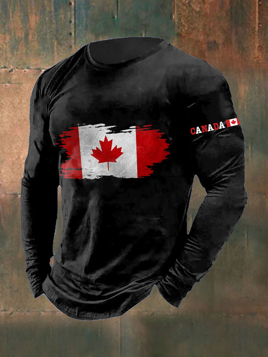 Men's Canadian Flag Printed Long Sleeved Round Neck T-shirt