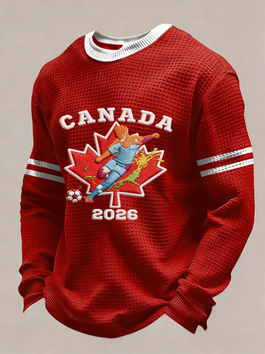 Retro Canada 2026 Soccer Maple Leaf Casual Waffle Weave T-Shirt