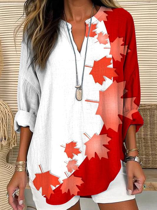 Women's Vintage Canadian Abstract Maple Leaf Art Print Casual V-Neck Top-1