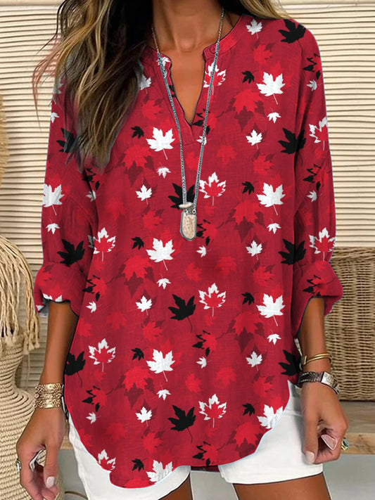 Women's Vintage Canadian Irregular Maple Leaf Art Print Casual V-Neck Top
