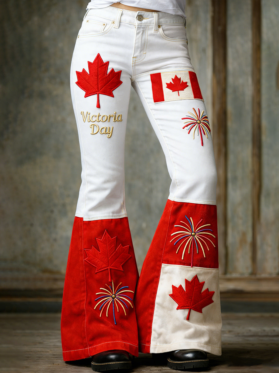 Women's Retro Maple Leaf Firework Print Casual Flare Jeans