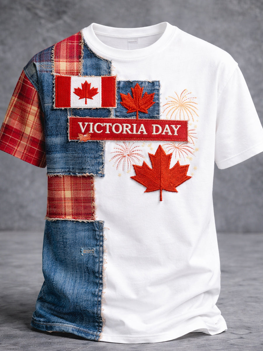 Retro Maple Leaf And Fireworks Print Casual T-Shirt