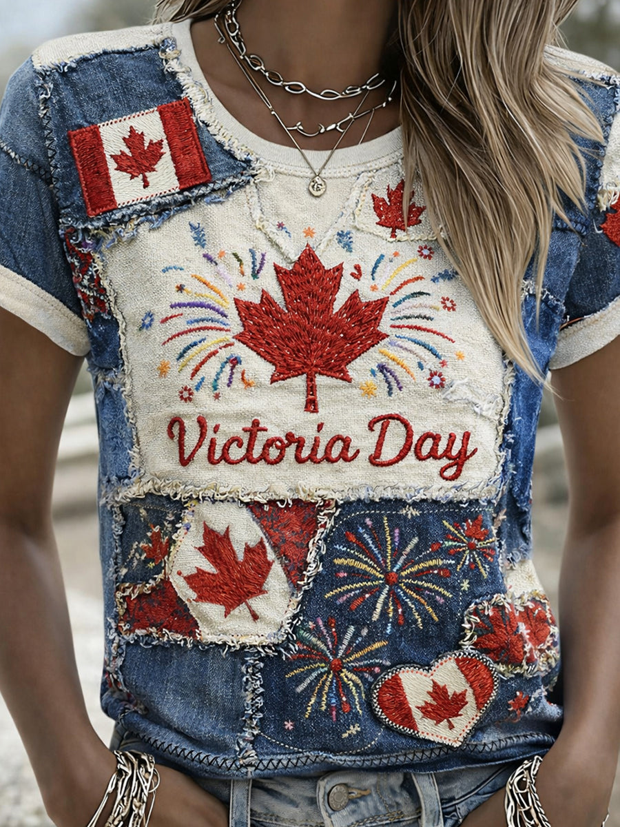 Retro Maple Leaf And Fireworks Print Casual T-Shirt