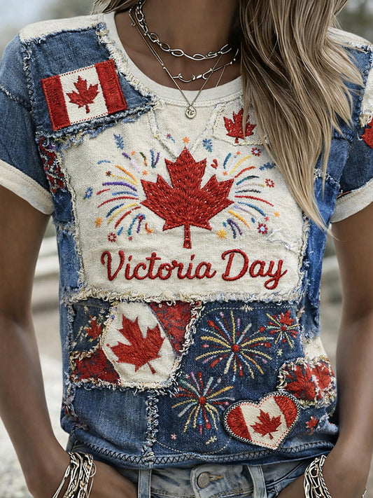 Retro Maple Leaf And Fireworks Print Casual T-Shirt