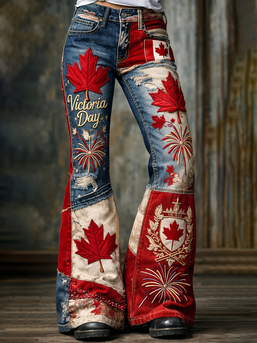 Women's Retro Maple Leaf Firework Print Casual Flare Jeans