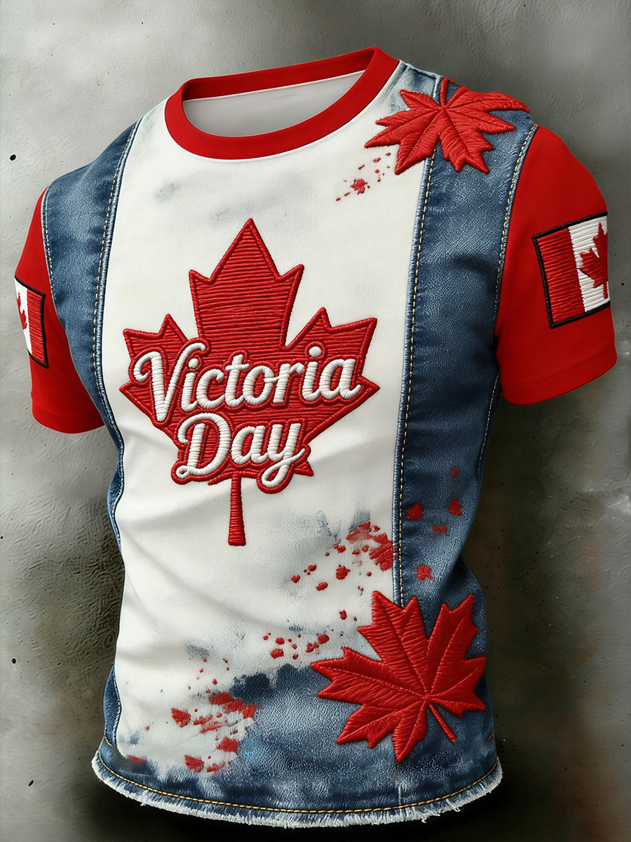 Retro Maple Leaf And Fireworks Print Casual T-Shirt