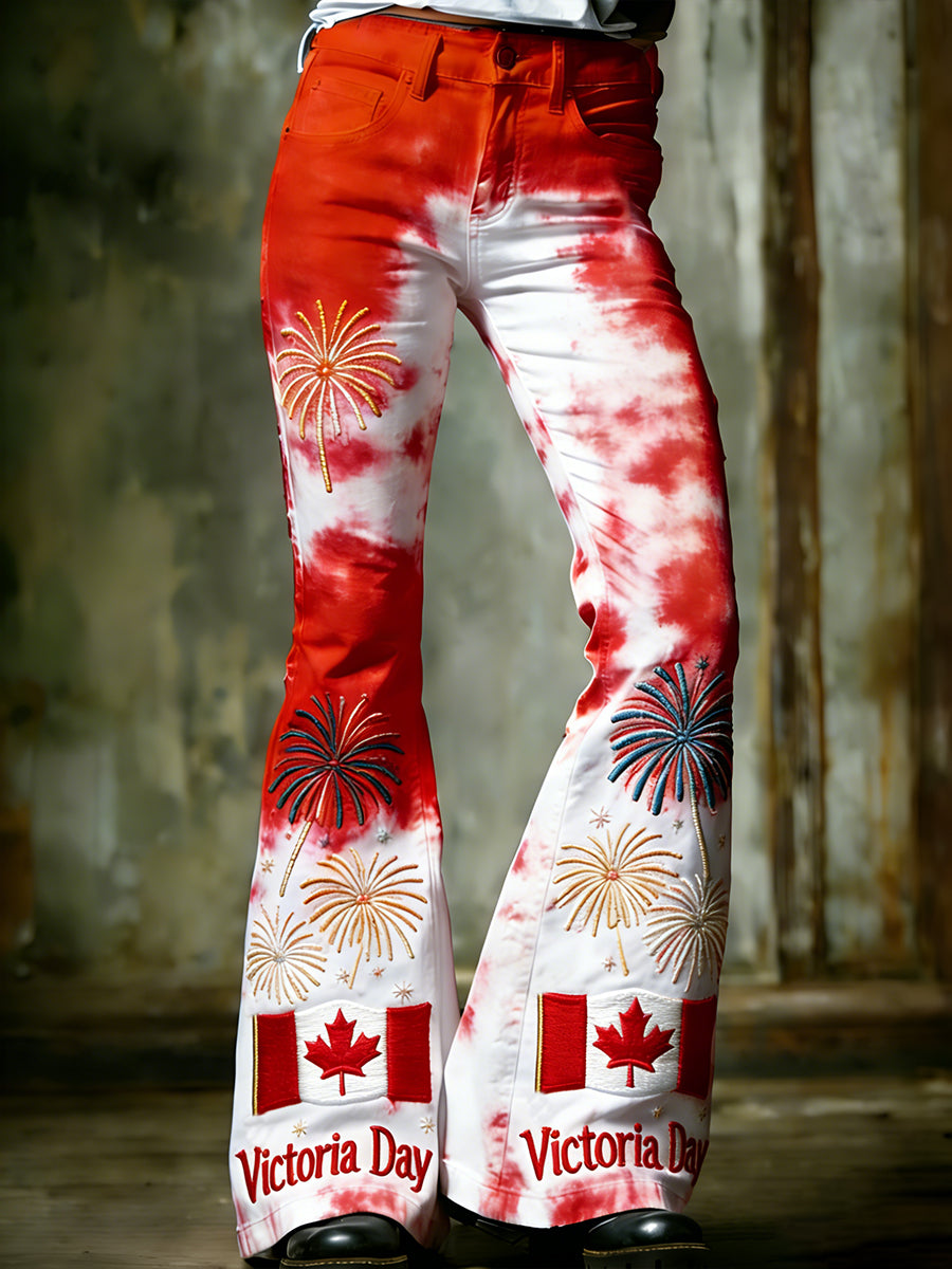 Women's Retro Maple Leaf Firework Print Casual Flare Jeans