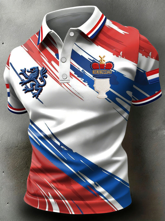 Retro Dutch King's Day Flag Stripe Casual Polo Shirt