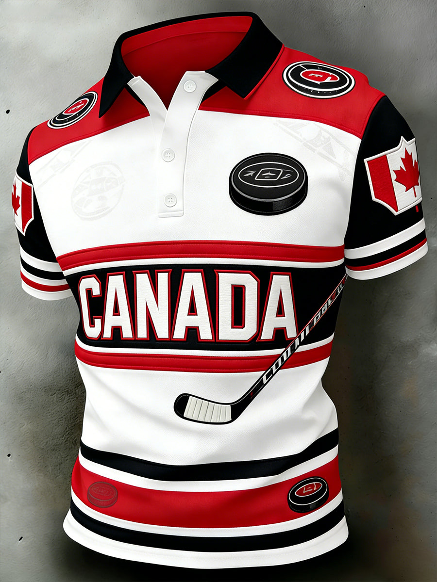 Men's Polo Shirt With Ice Hockey-Themed Print