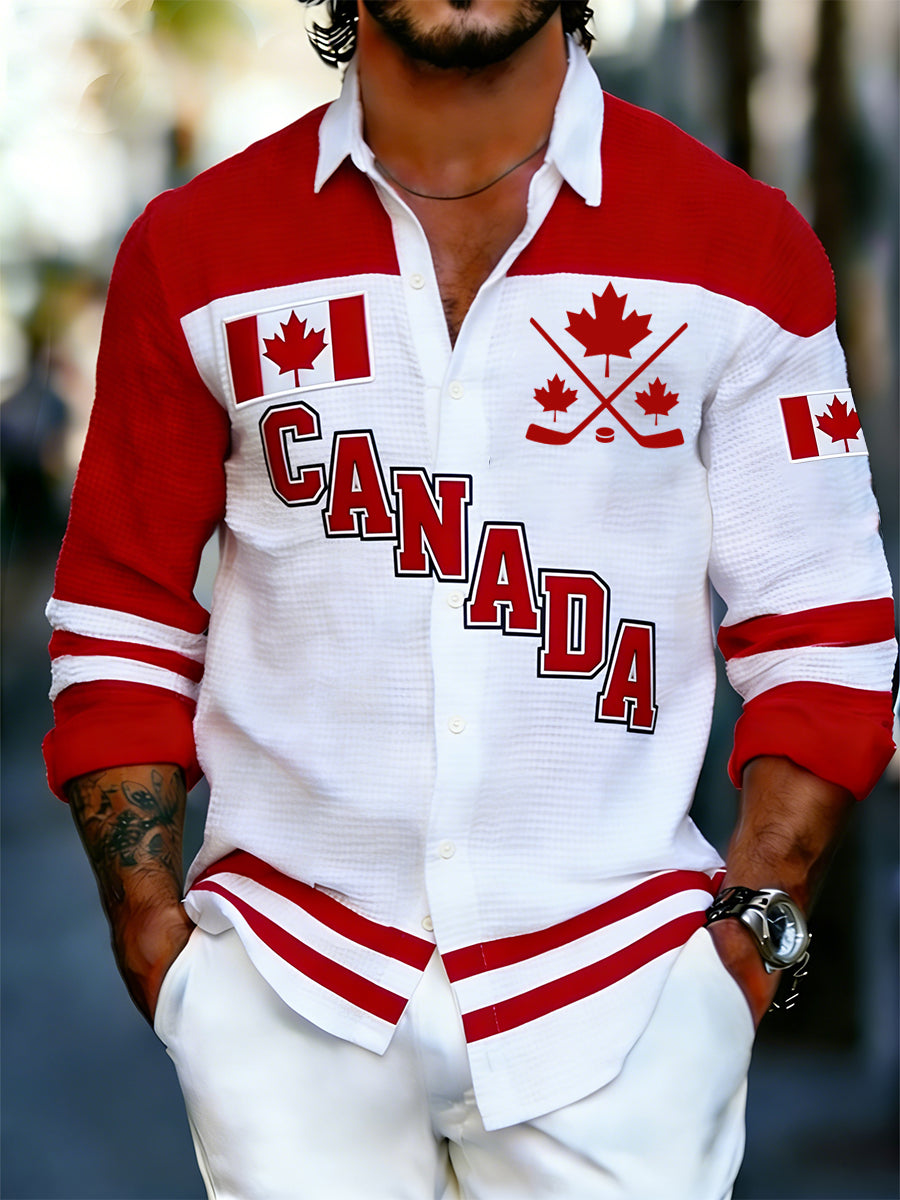 Men's Long-Sleeve Shirt With Hockey-Themed Print