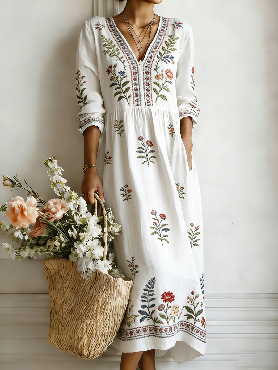 Women's Plants Flowers Art Print V-Neck Dress with pockets