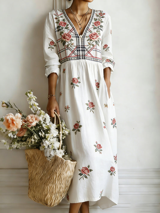 Women's Plants Flowers Art Print V-Neck Dress with pockets