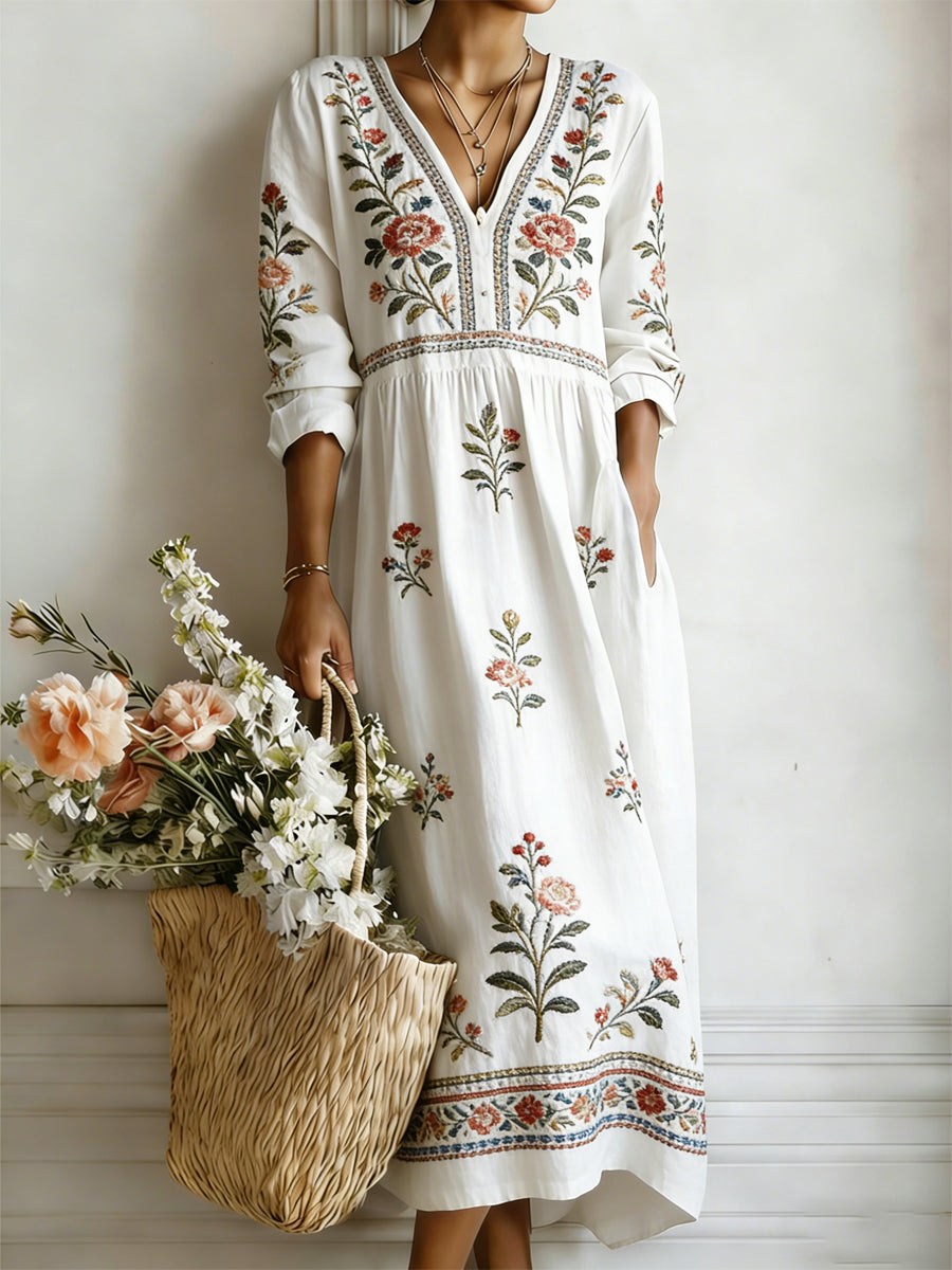 Women's Plants Flowers Art Print V-Neck Dress with pockets