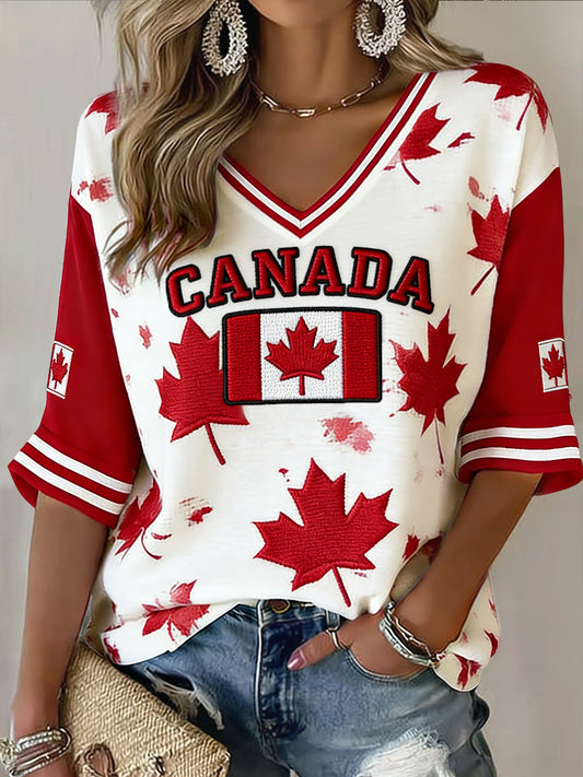 Retro Canada 2026 Soccer Maple Leaf Casual V-Neck Top