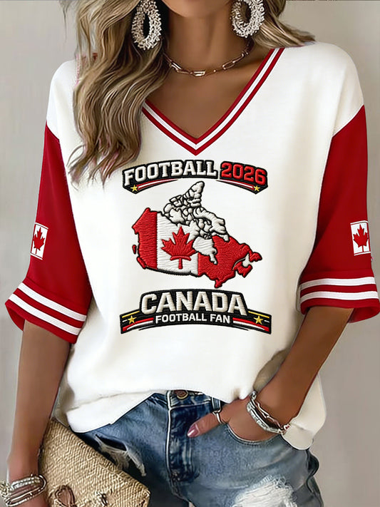 Retro Canada 2026 Soccer Fan Casual V-Neck Top