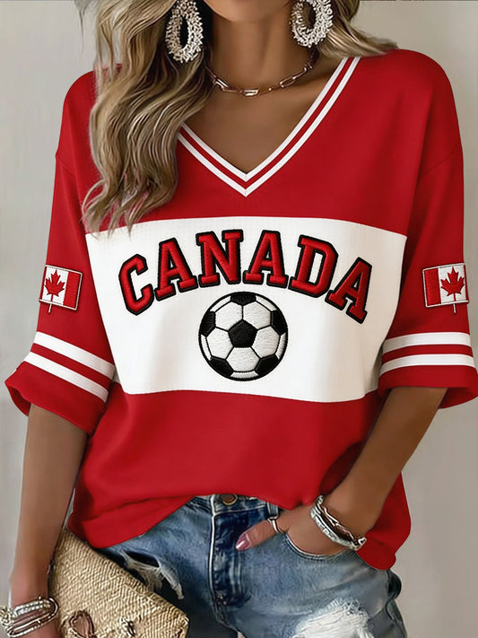 Retro Canada 2026 Soccer Patchwork Casual V-Neck Top
