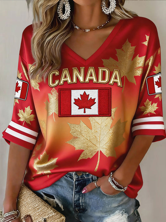Women's Retro Canada 2026 Soccer Commemorative Casual V-Neck T-Shirt