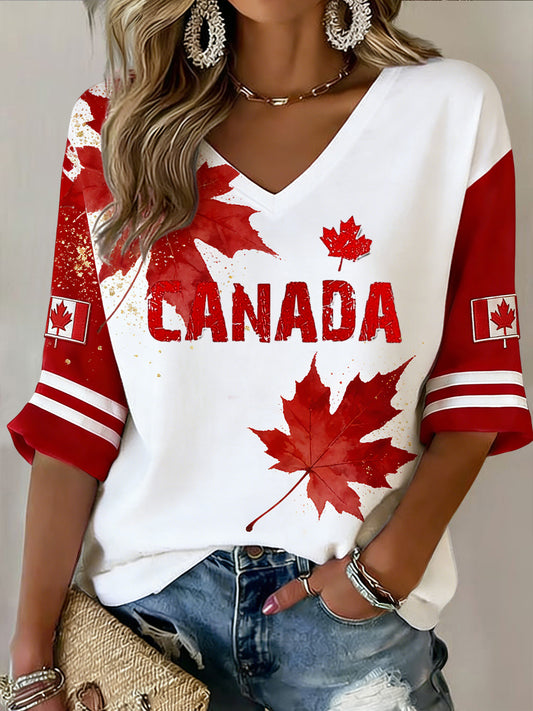 Women's Retro Canada 2026 Soccer Maple Leaf Casual V-Neck T-Shirt