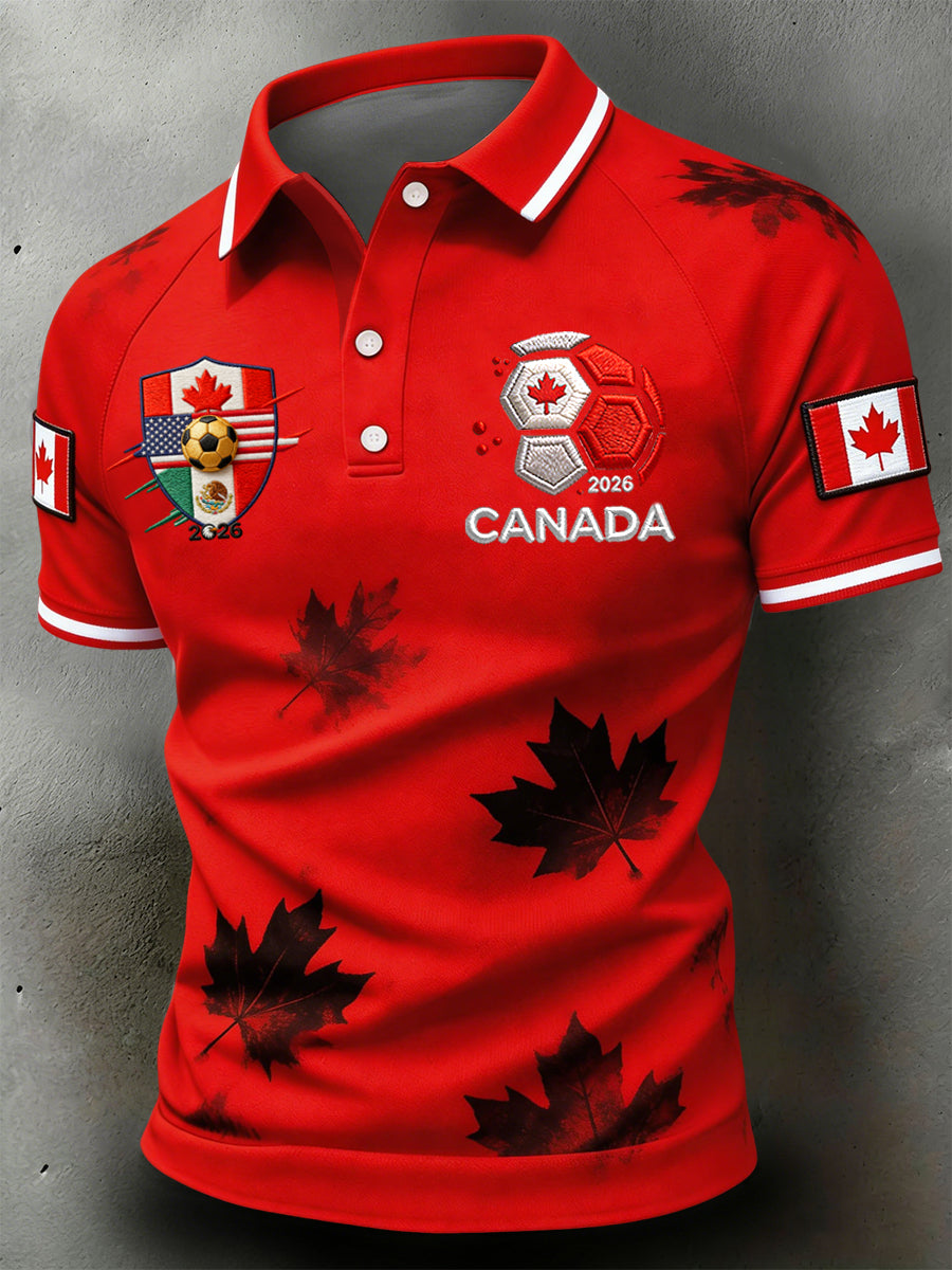 Retro Canada 2026 Soccer Maple Leaf Print Casual Polo Shirt