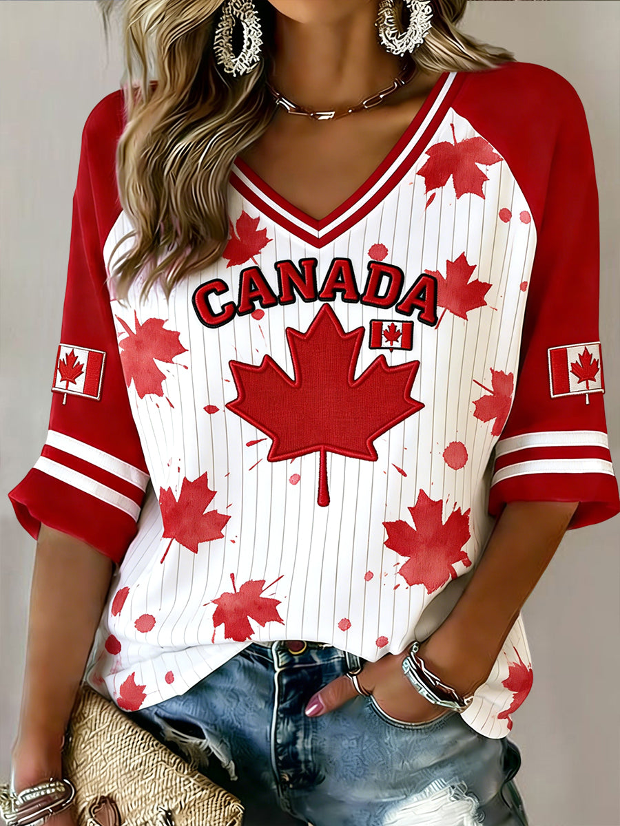 Women's Retro Canada 2026 Soccer Striped Casual V-Neck T-Shirt