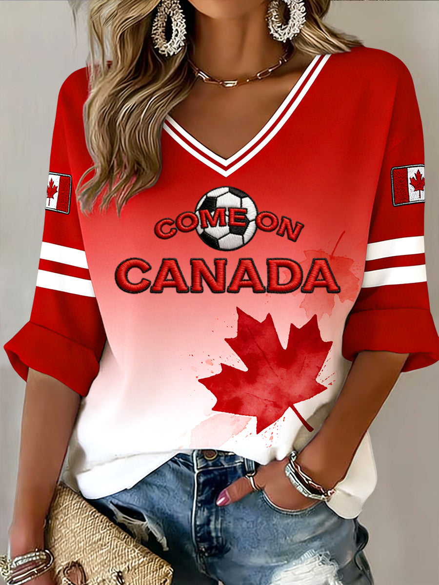 Women's Retro Canada 2026 Soccer Gradient Casual V-Neck T-Shirt