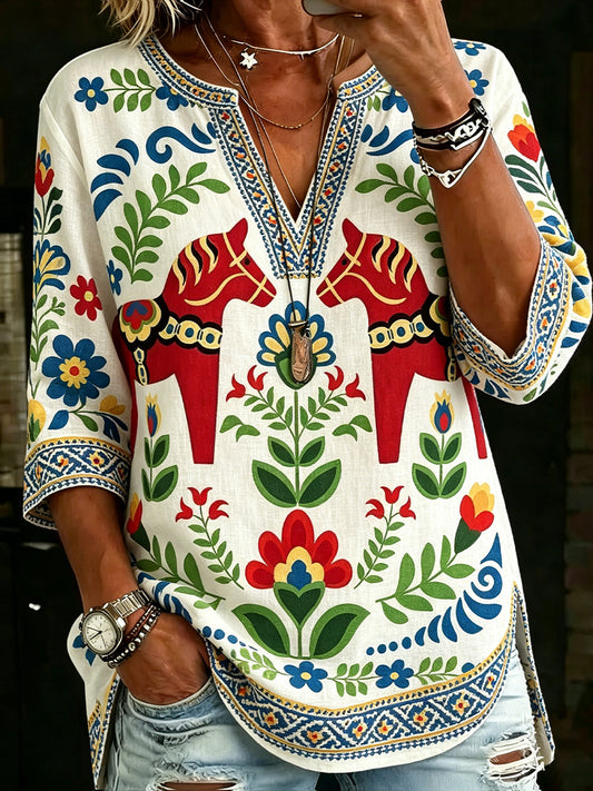 Women's Midsummer Festival Ethnic Print Casual V-Neck Top