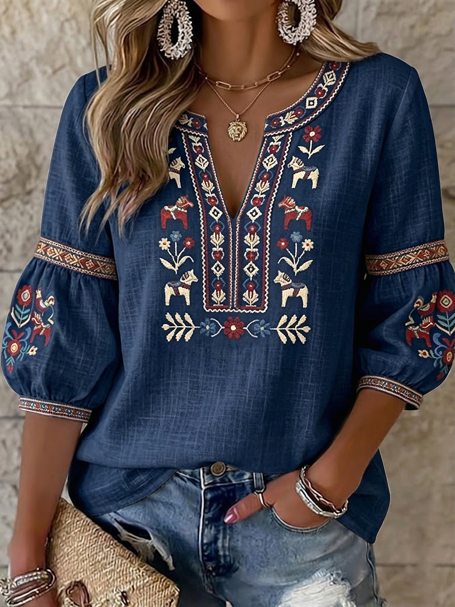 Women's Vintage-Style Swedish Midsummer Floral V-Neck Top