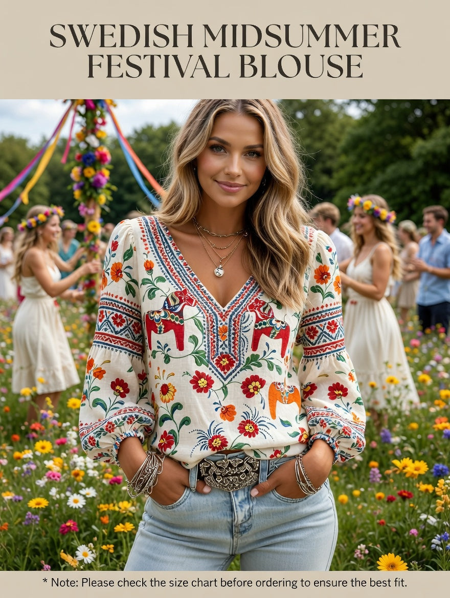 Women's Midsummer Festival Ethnic Print Casual Puff Sleeve V-Neck Top