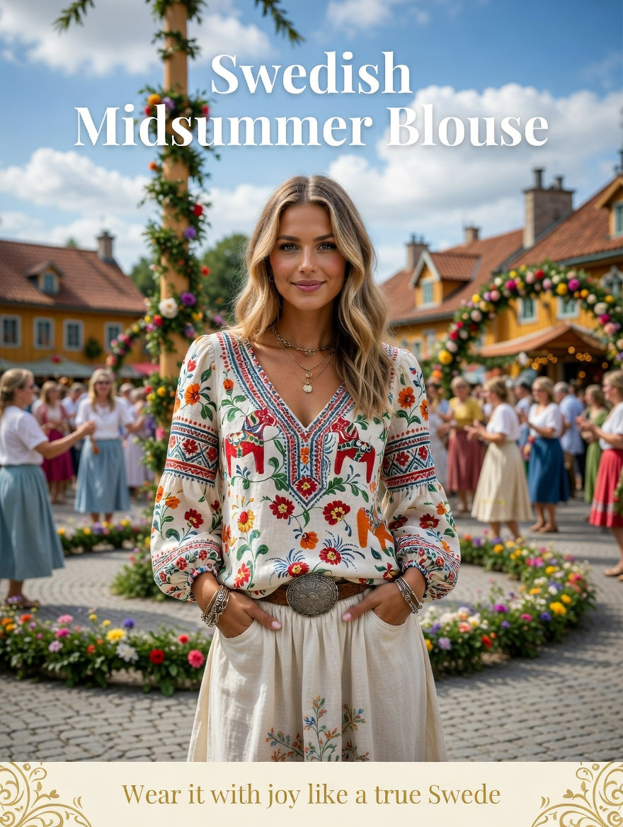 Women's Midsummer Festival Ethnic Print Casual Puff Sleeve V-Neck Top