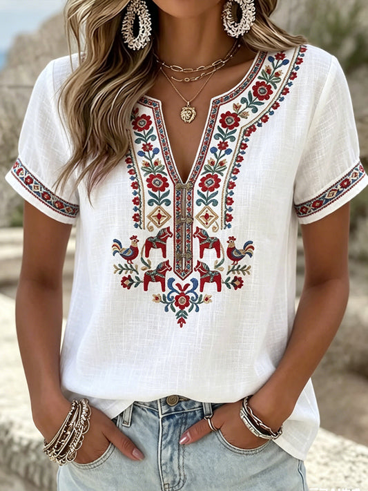 Women's Vintage-Style Swedish Symmetrical Floral V-Neck T-Shirt