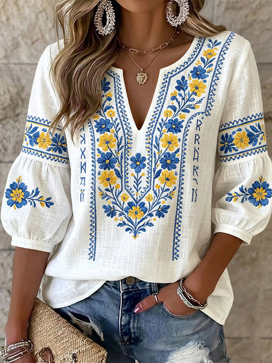 Women's Retro Artistic Swedish Midsummer Floral V-Neck Top