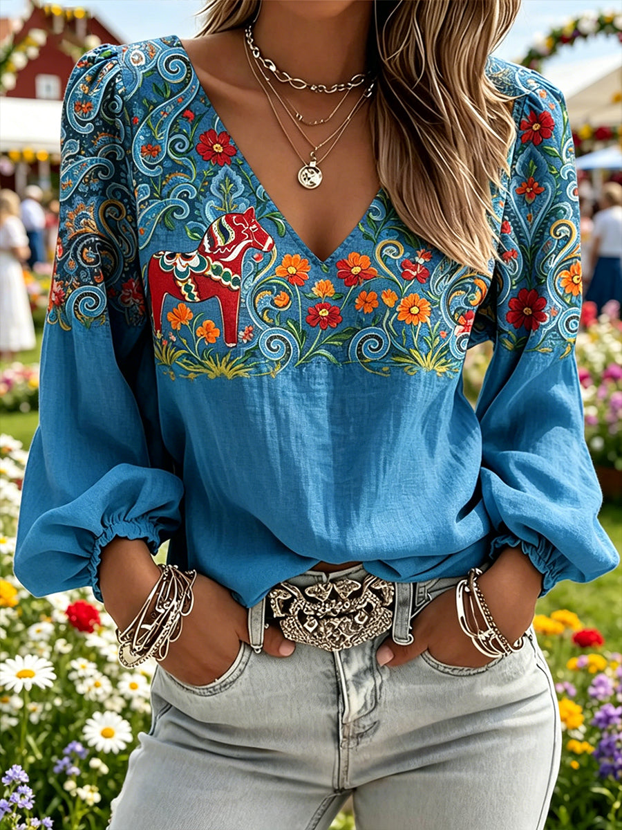 Women's Midsummer Festival Ethnic Print Casual Puff Sleeve V-Neck Top
