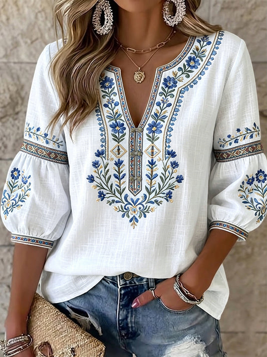 Women's Vintage Swedish Midsummer Floral Art V-Neck Top