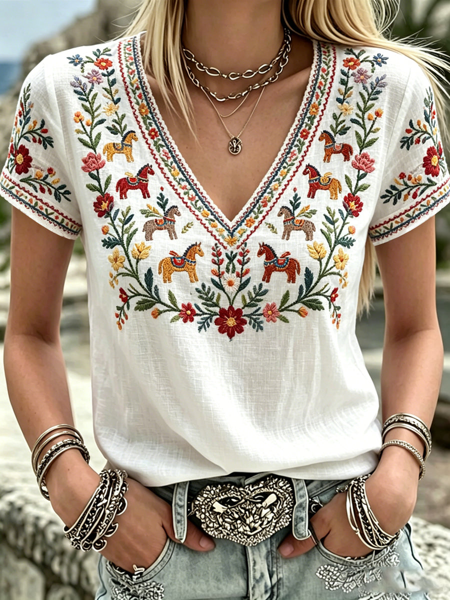 Women's Swedish Midsummer Print V-Neck Casual T-Shirt