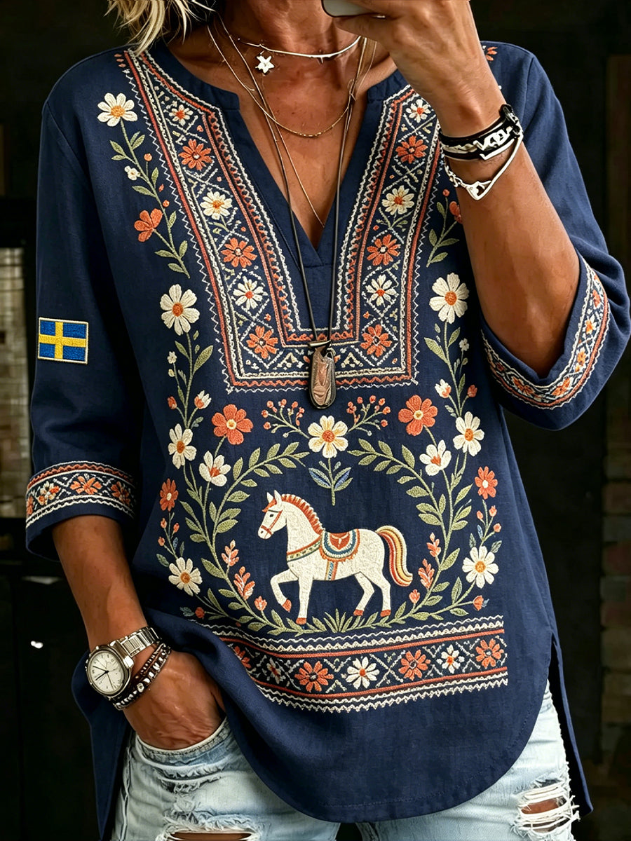 Women's Midsummer Festival Ethnic Print Casual V-Neck Top