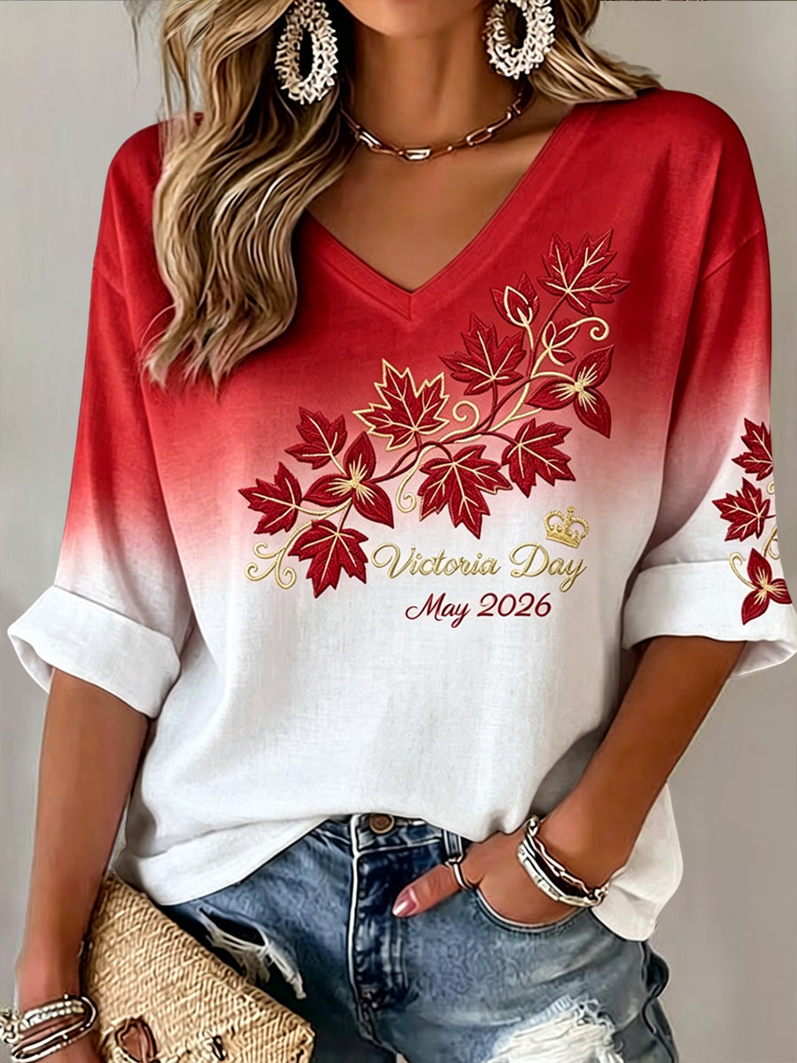 Women's Retro Canadian Victoria Day Gradient Casual V-Neck T-Shirt