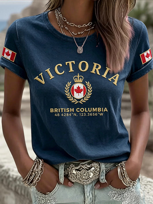 Women's Vintage Canadian Victoria Day Pin Casual Crew-Neck T-Shirt