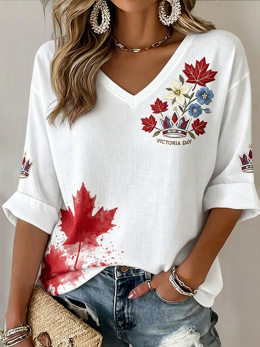 Women's Retro Canadian Victoria Day Maple Leaf Casual V-Neck T-Shirt