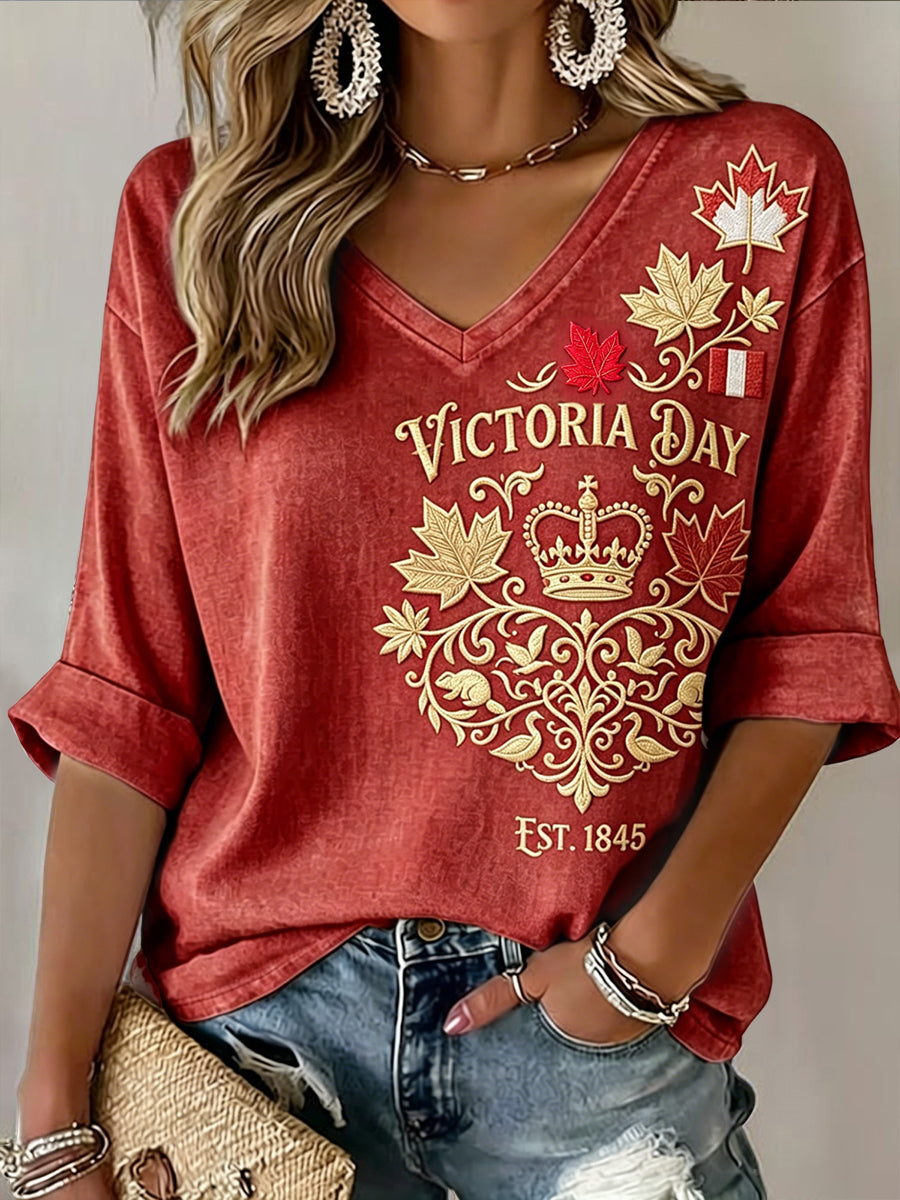 Women's Retro Canadian Victoria Day Casual V-Neck T-Shirt