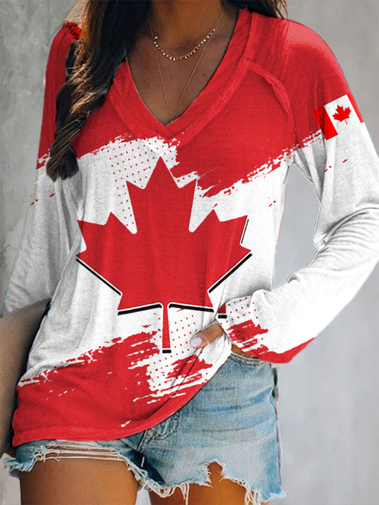 Women's Canadian Flag Maple Leaf Print Casual Long-Sleeve V-Neck T-Shirt
