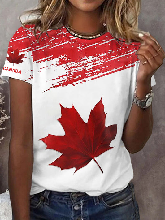 Women's Canadian Flag Maple Leaf Print Casual Tee