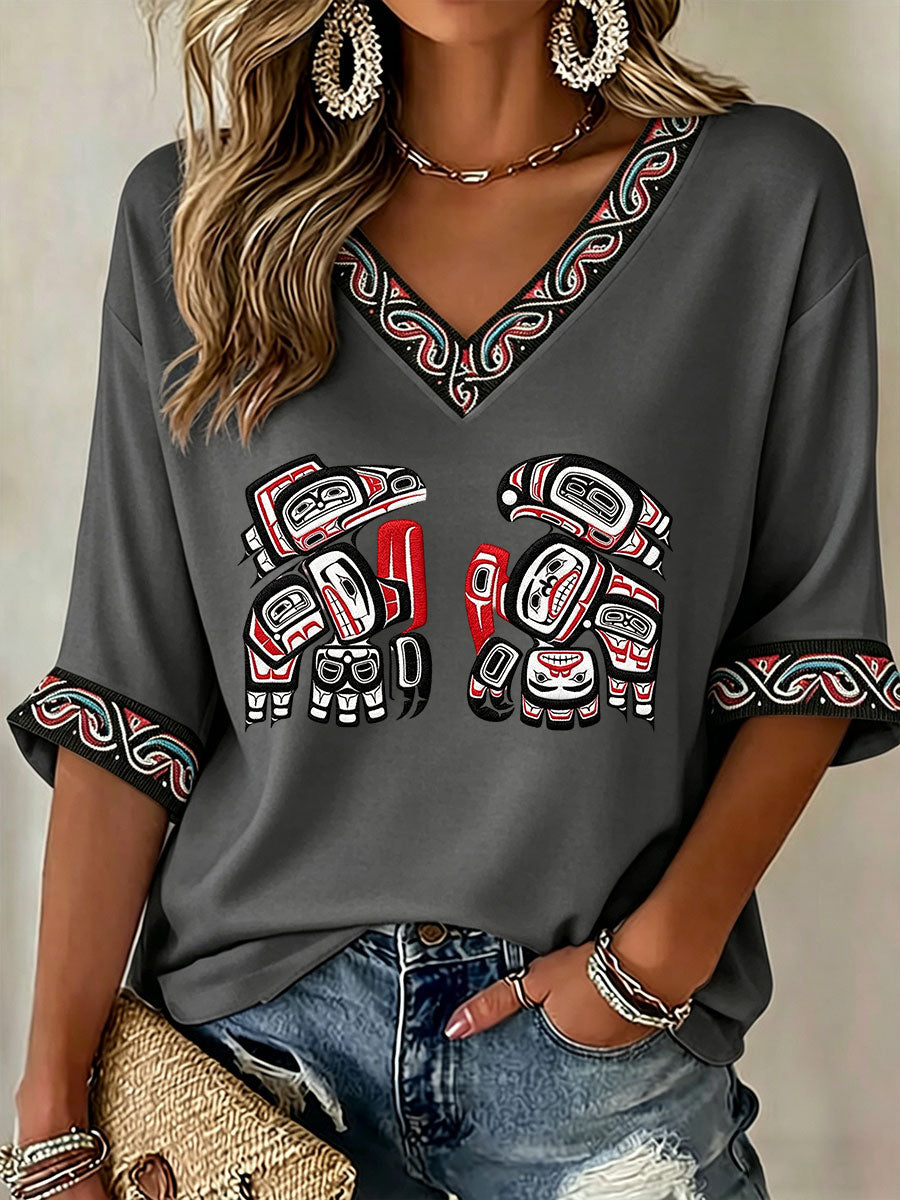 Women's Indigenous Totem Art Casual T-shirt