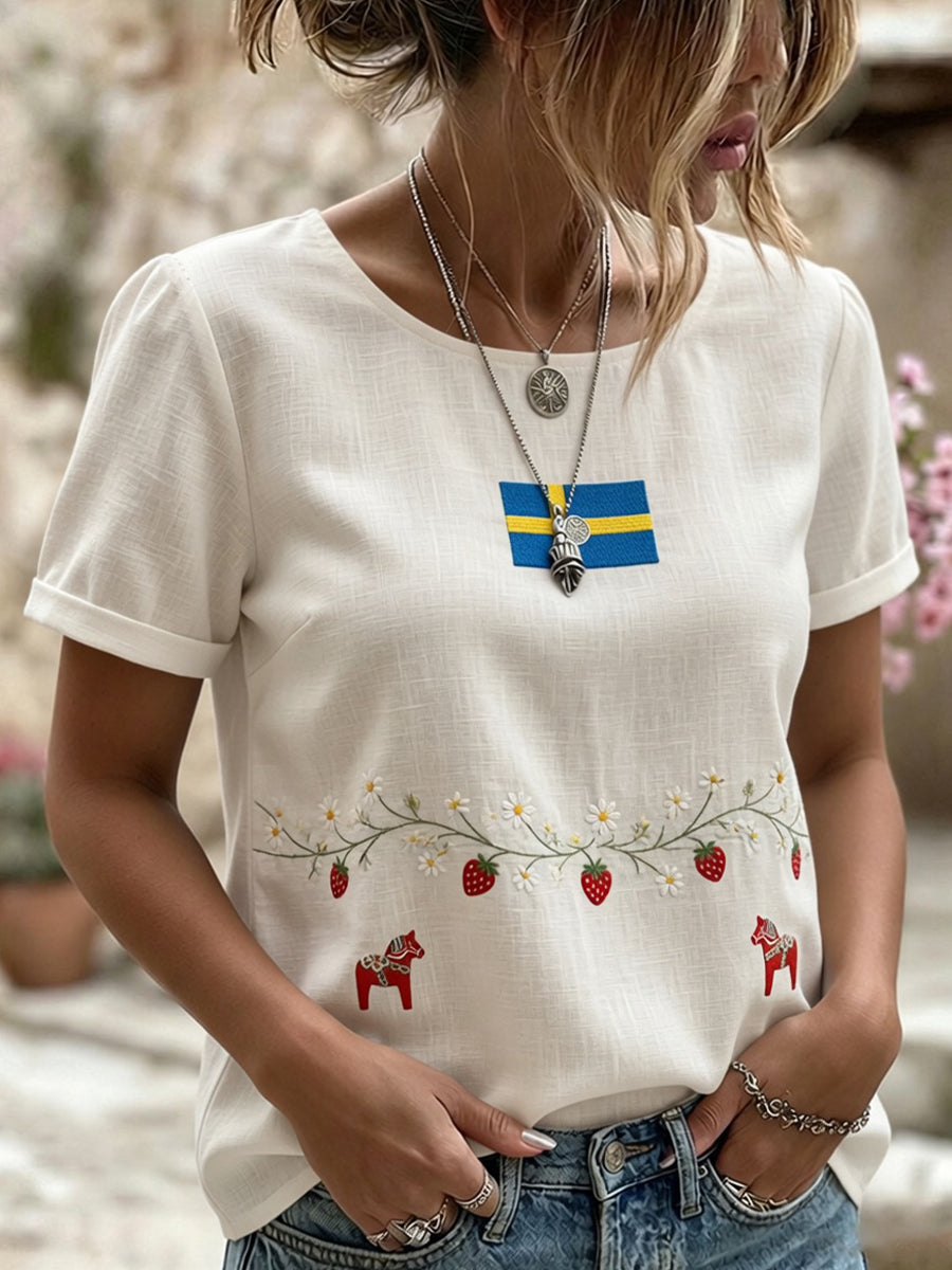 Retro Midsummer Festival Art Print Casual T-Shirt
