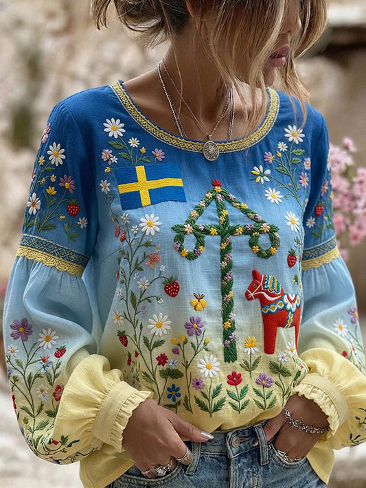 Retro Midsummer Festival Art Print Casual Top
