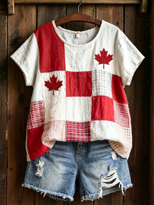 Women's  Maple Leaf Checkered Print Casual Tee