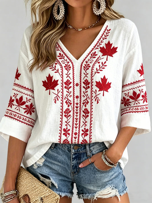 Women's Maple Leaf Checkered Print Casual V-Neck Shirt