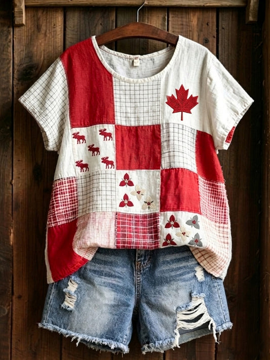 Women's  Maple Leaf Checkered Print Casual Tee