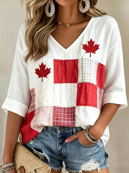 Women's Maple Leaf Checkered Print Casual V-Neck Shirt